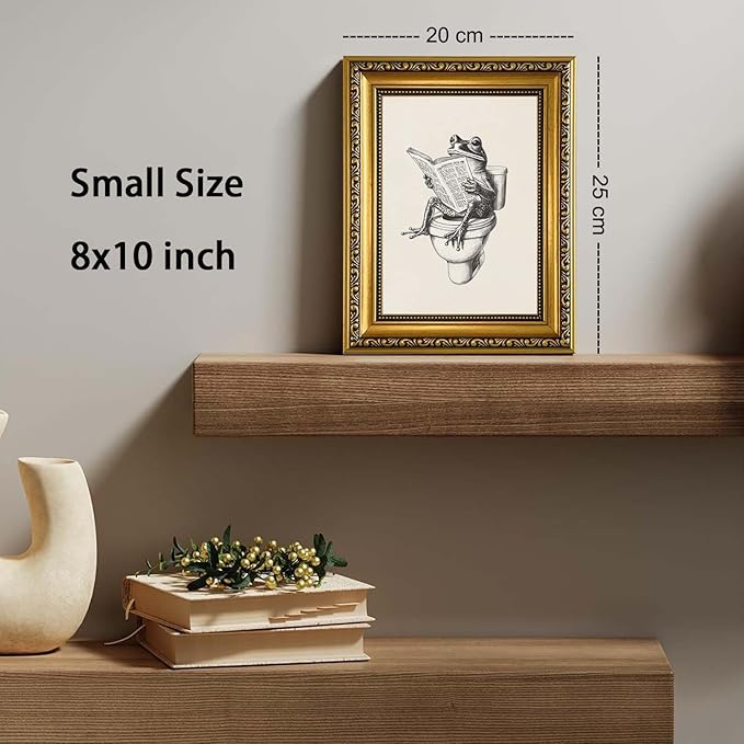 YD&YZY Gold Framed Funny Bathroom Frog Wall Art Canvas Frog on Toilet Reading Newspaper Wall Decor Unique Cute Animal Painting Picture Print for Bedroom Bathroom 8x10 inch Small Framed