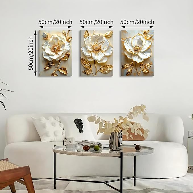 Modern White Floral Golden Leaves Canvas Wall Art Set, Neutral 3d Textured Flowers Wall Painting Pictures Boho Beige Blossom Wall Decor Posters Print Artwork for Bedroom Living Room Office 20x28x3Pcs