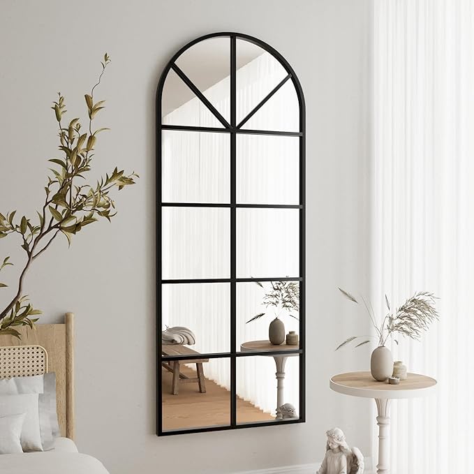 Floor Length Mirror, Black Wall Mirror, 56"x22" Large Arched Window Pane Mirrors, Oversize Farmhouse Full Body Standing Mirrors for Living Room, No Stand