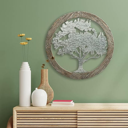 Hosley Metal Tree of Life Wall Art with Wooden Ring 20 Inch Round – Rustic Farmhouse Wall Décor for Living Room, Bathroom, Bedroom, Dining Room – Housewarming Gifts