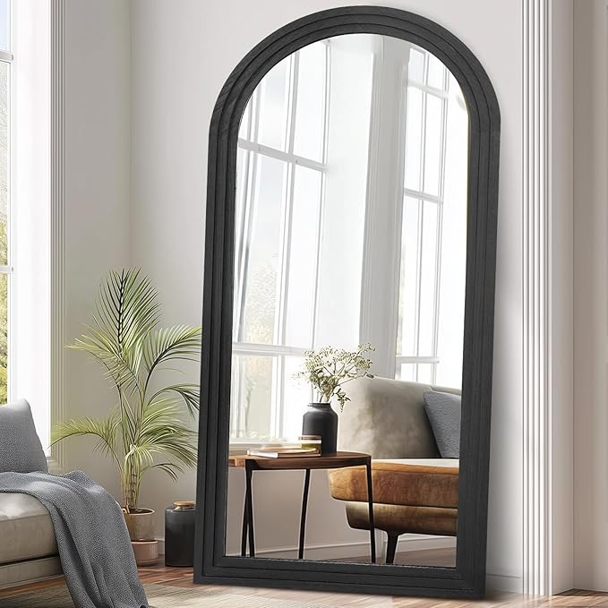 Arched Full Length Mirror 71"x32" - Rustic Black Solid Wood Wall Mirror, Oversized Leaning or Mounted Design for Bedroom, Entryway, Living Room Décor