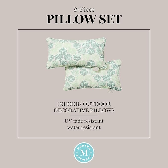 Martha Stewart Modern Banana Leaves Indoor Outdoor Decorative Lumbar Pillow 2-Pack Set, UV Fade Resistant, Water Repellent, Printed Tropical Design, Green, 11"x18"