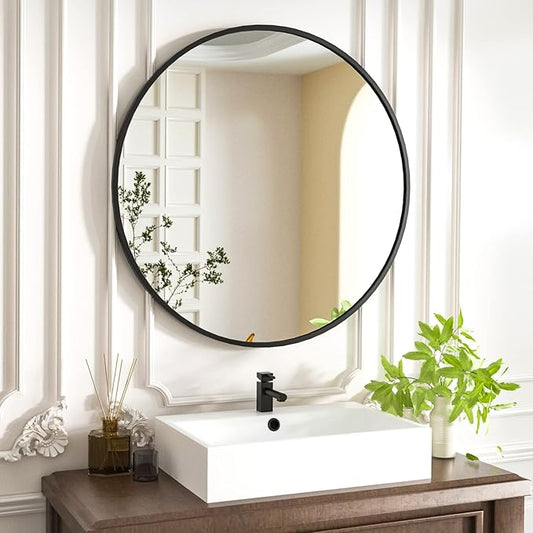 HARRITPURE Round Mirror 15.7 Black Wall Mounted Circle Mirrors Vanity Mirror with Brushed Aluminum Alloy Frame Modern Decoration for Bathroom, Living Room, Vanity, Bedroom, Entryway