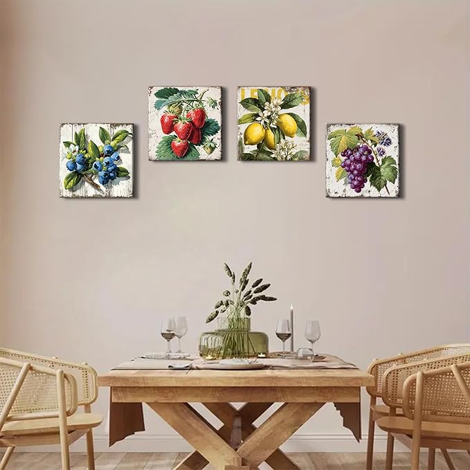 Vintage Fruit Wall Art for Kitchen Wall Decor Farmhouse Dining Room Pictures Rustic Lemon Strawberry Canvas Paintings Colorful Fruits Theme Prints Blueberry Grape Poster Artwork Decorations 12x12” 4P