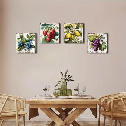 Vintage Fruit Wall Art for Kitchen Wall Decor Farmhouse Dining Room Pictures Rustic Lemon Strawberry Canvas Paintings Colorful Fruits Theme Prints Blueberry Grape Poster Artwork Decorations 12x12” 4P