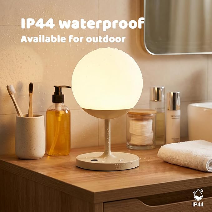 WEILAILUX Cordless Table Lamp with Globe Shade, Rechargeable Dimmable Bedside Light, Shower Lamp Waterproof, Touch Control, 8-72 Hours Runtime, 2700K Warm White for Indoor Outdoor (Black, Short)