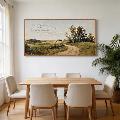 CHDITB Trust in the Lord Provervs 3:5-6 Bible Verses Wall Art Framed, Neutral Farmhouse Countryside Landscape Scripture Canvas Artwork, Large Vintage Religious Biblical Nature Scenery Field Wilderness Painting Decor for Living Room Office (40"L x 20"W)