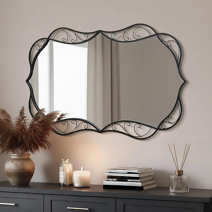 Besdomus Bathroom Black Wall Mirror: 30"x48" Scalloped Modern Large Wall Mounted Vanity Mirror - Farmhouse Decorative Vertical or Horizontal Hanging - Home Decor for Bathroom/Hallway/Fireplace/Bedroom