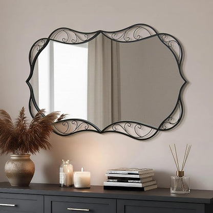 Besdomus Bathroom Black Wall Mirror: 30"x48" Scalloped Modern Large Wall Mounted Vanity Mirror - Farmhouse Decorative Vertical or Horizontal Hanging - Home Decor for Bathroom/Hallway/Fireplace/Bedroom