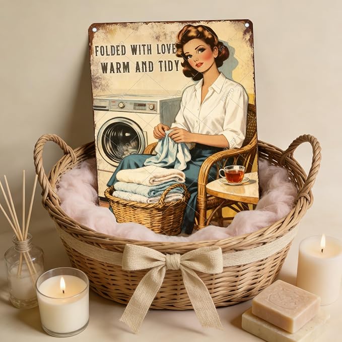 Funny Laundry Sign Vintage Tin Plaque Folded With Love Warm And Tidy Wall Art Laundry Room Decor Rustic Farmhouse Home Gift 16x12 Inch