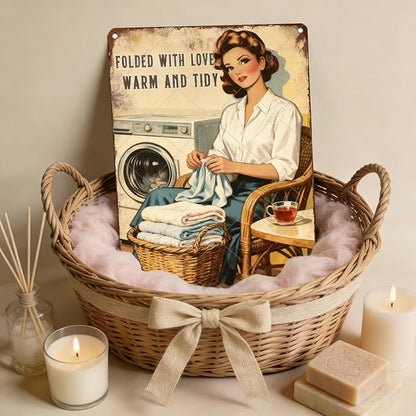 Funny Laundry Sign Vintage Tin Plaque Folded With Love Warm And Tidy Wall Art Laundry Room Decor Rustic Farmhouse Home Gift 16x12 Inch