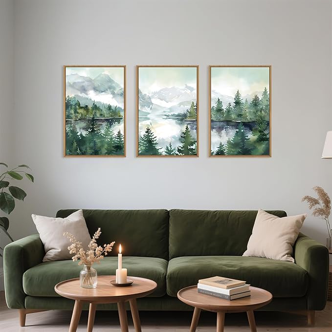 Watercolor Mountain Framed Canvas Wall Art Set, Boho Forest Wall Decor, Nature Green Pines Wall Painting, Forest Wilderness Artwork for Living Room, Bedroom, Dining Room, Office-24 x36 x3