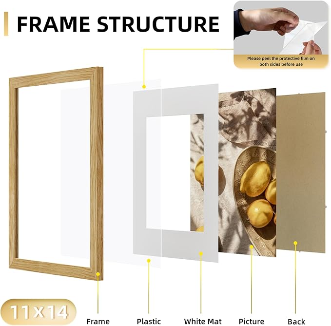 YESKAY 11x14 Picture Frame Set of 9, Photo Gallery Wall Frame Set, Display Pictures 8x10 with Mat or 11 x 14 Without Mat, Multi Photo Frames for Wall Mounting or Table Top Display, Natural Oak