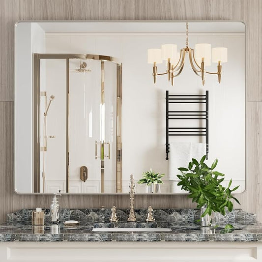 JISOSO Brushed Nickel Bathroom Mirror 48x36 Inch, Brushed Silver Metal Frame Mirror Wall Mounted, Rounded Rectangle Bathroom Vanity Mirror, Tempered Glass, Anti-Rust, Horizontal/Vertical