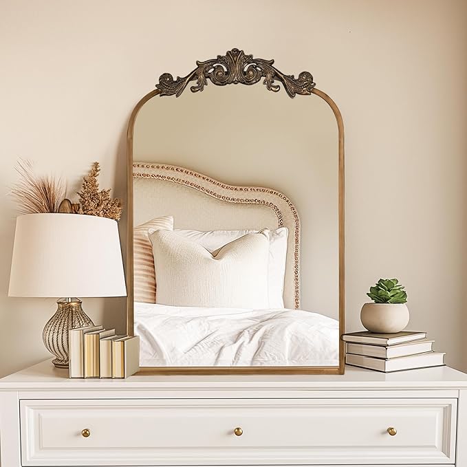 USHOWER Gold Anthropologie Vintage Mirrors for Wall, 24" x 36" Antique Baroque Style with Ornate Frame, Arched Brass Decoration for Fireplace, Bathroom, Living Room, Entryway Remodel