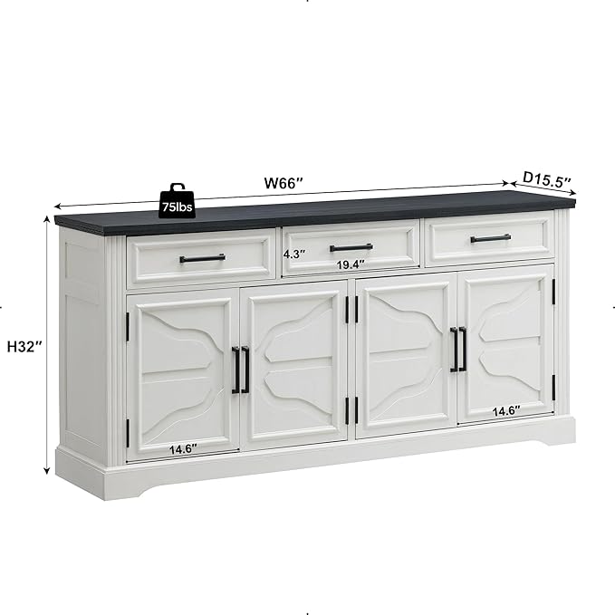 JXQTLINGMU TV Stand for TVs Up to 75", 66" Wide Entertainment Center with 4 Door & 3 Drawers, Media Console Table for Living Room, Off White