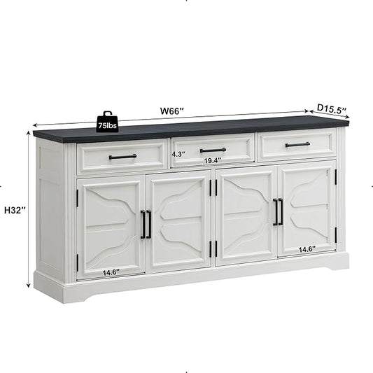 JXQTLINGMU TV Stand for TVs Up to 75", 66" Wide Entertainment Center with 4 Door & 3 Drawers, Media Console Table for Living Room, Off White