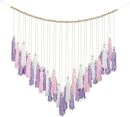 Luxbrand Pink & Purple Macrame Hanging Boho Wall décor, Large Tassel Wall Hanging with Wood Beads, Purple Wall Decor for Bedroom Living Room Girls Room Nursery, 41" W x 32" H