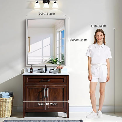 CIRCUMI 30"x36" Brushed Silver Mirror with Chunky Box Metal Frame, Bathroom Mirror for Vanity Remodel & New Home, Living Room, Entryway, Rectangular Wall Mirror, Tempered Glass, Vertical or Horizontal