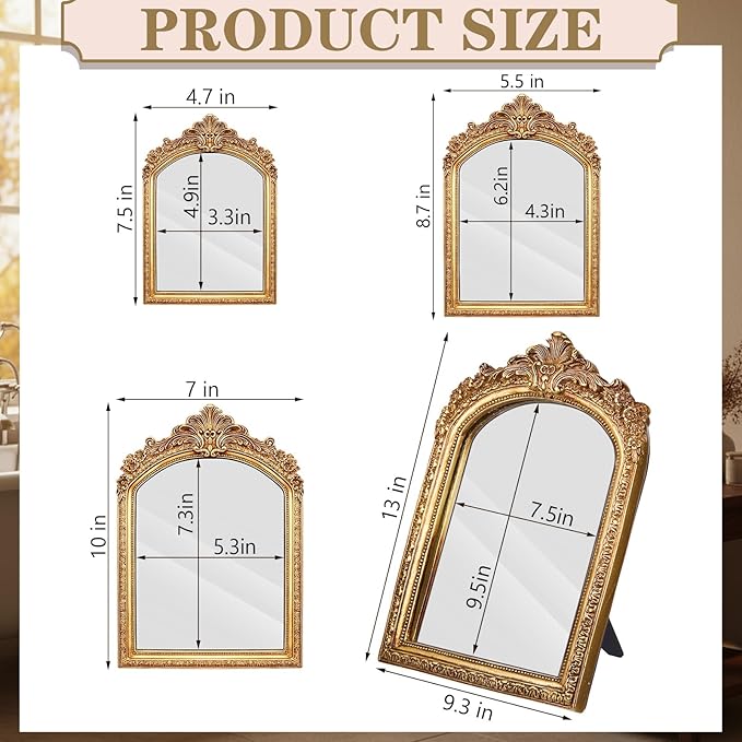 Thyle 4 Pcs Vintage Mirror Set Gold Antique Makeup Mirror Arch Retro Resin Baroque Decorative Wall Square Hanging Desk Tabletop Room Bedroom Bathroom Gallery (13x9 10x7 8x5 7x4)(Light Color)