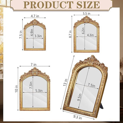 Thyle 4 Pcs Vintage Mirror Set Gold Antique Makeup Mirror Arch Retro Resin Baroque Decorative Wall Square Hanging Desk Tabletop Room Bedroom Bathroom Gallery (13x9 10x7 8x5 7x4)(Light Color)