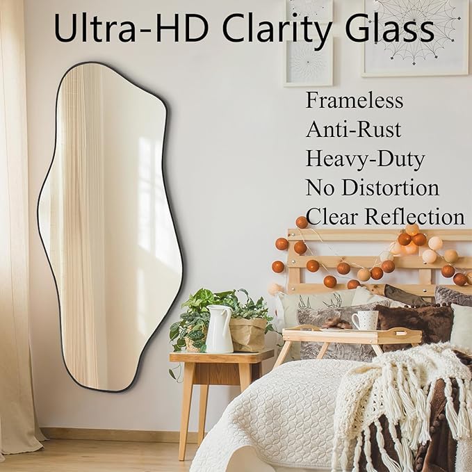 Irregular Frameless Mirror, 47.2"x21.6" Modern Asymmetrical Wall Mirror Abstract Unique Shaped Mirrors for Living Room Bedroom Hallway Entryway, Horizontal or Vertical Hanging
