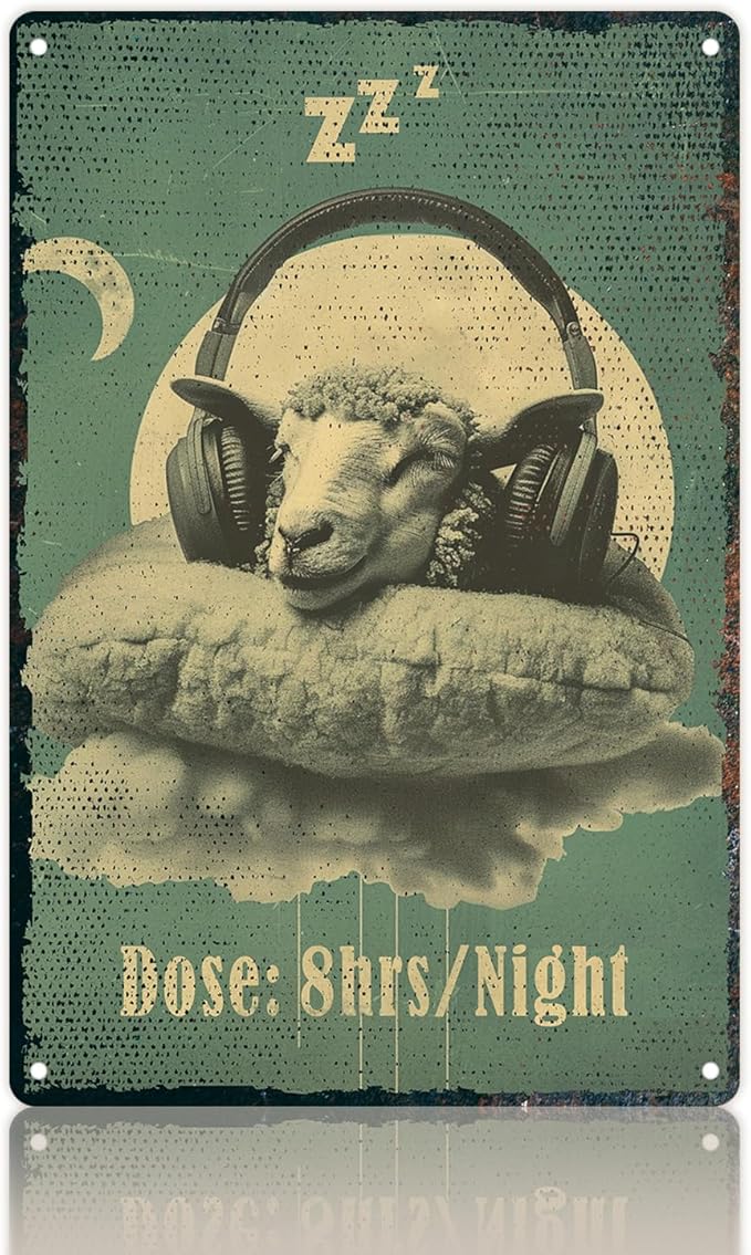 8x12 Inch Metal Wall Art Decor - Vintage Sheep Sleeping on Pillow with Headphones Dose Design "8hrs/Night" Quote, Smooth Edge & Pre-Drilled Holes for Living Room Bedroom Office