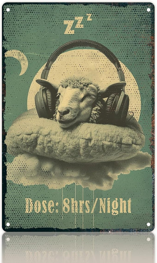 8x12 Inch Metal Wall Art Decor - Vintage Sheep Sleeping on Pillow with Headphones Dose Design "8hrs/Night" Quote, Smooth Edge & Pre-Drilled Holes for Living Room Bedroom Office