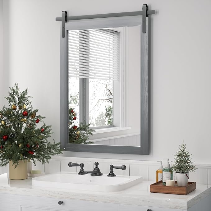 Farmhouse Wall Mirror, Rustic Wood Frame Bathroom Mirror Barn Door Inspired Decorative Vanity Dress Mirrors for Living Room Entryway, 22x30 INCH Gray Vertical