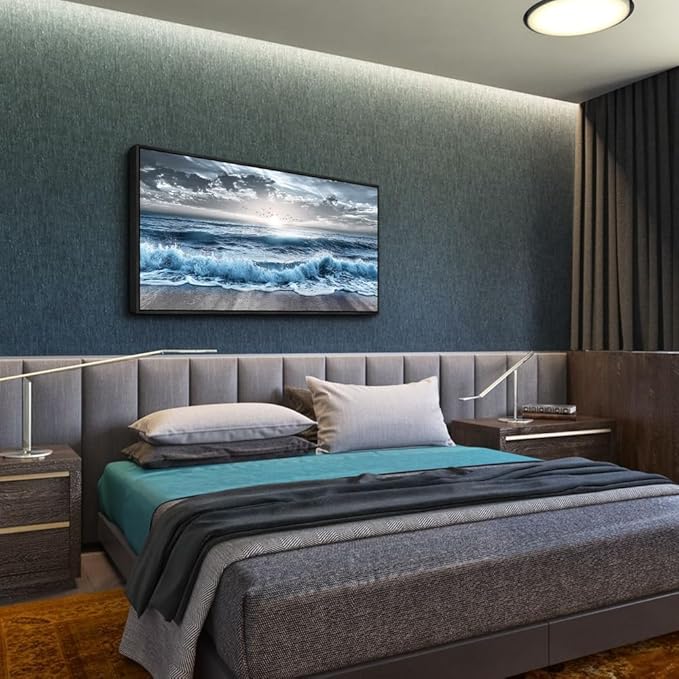 ERQINHUA Large Canvas Wall Decor For Bedroom Wall Art For Living Room Office Decor Blue Beach Sea Wave Paintings Sunrise Ocean Seascape Wall Pictures Artwork Modern Home Decor Black Frame 24x48 In