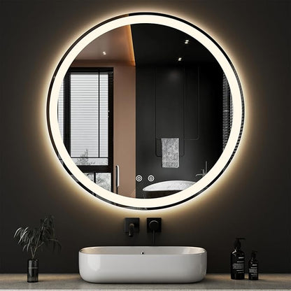 Sweetcrispy 36-Inch Round LED Bathroom Backlit Mirror with Lights, Circle Vanity Mirror with Anti-Fog, Dimmable, 3-Color Light, Memory Function, Tempered Glass
