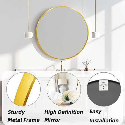 Gold Round Mirror 28 inch, Gold Circle Mirror, Round Wall Mirrors Metal Frame, Circle Mirrors for Bathroom, Living Room, Hallway, Vanity, Over Sink