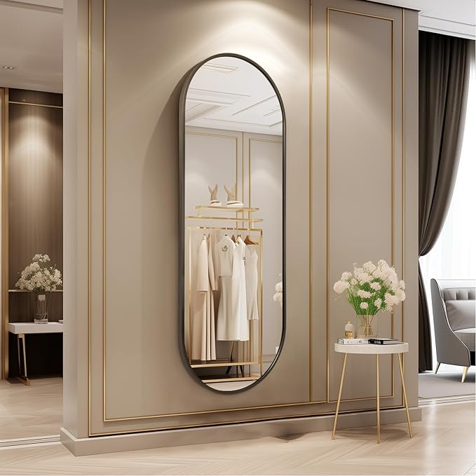 Oval Bathroom Full Length Mirror, Large 48x16'' Pill Shaped Oblong Vanity Wall Mirror, Metal Framed Aluminum Frame Decor Mirror for Living Room Vanity Bedroom Entryway Coffee