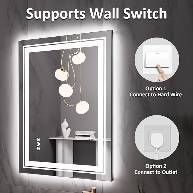 Snowdool 28" x 20" LED Bathroom Mirror with Lights, Front and Backlit Mirror, Anti-Fog Lighted Vanity Mirror, Stepless Dimmable, 3 Colors LED Mirror (Horizontal/Vertical)