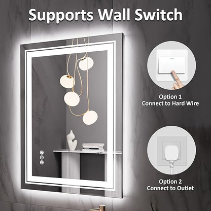 Snowdool 28" x 20" LED Bathroom Mirror with Lights, Front and Backlit Mirror, Anti-Fog Lighted Vanity Mirror, Stepless Dimmable, 3 Colors LED Mirror (Horizontal/Vertical)