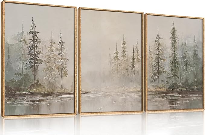 HPNIUB Modern Misty Pine Tree Framed Wall Art Set,Neutral Abstract Landscape Wall Decor,Nature Foggy Forest Art Print,Beige Rustic Farmhouse Artwork for Living Room, Bedroom,Office-24 x36 x3