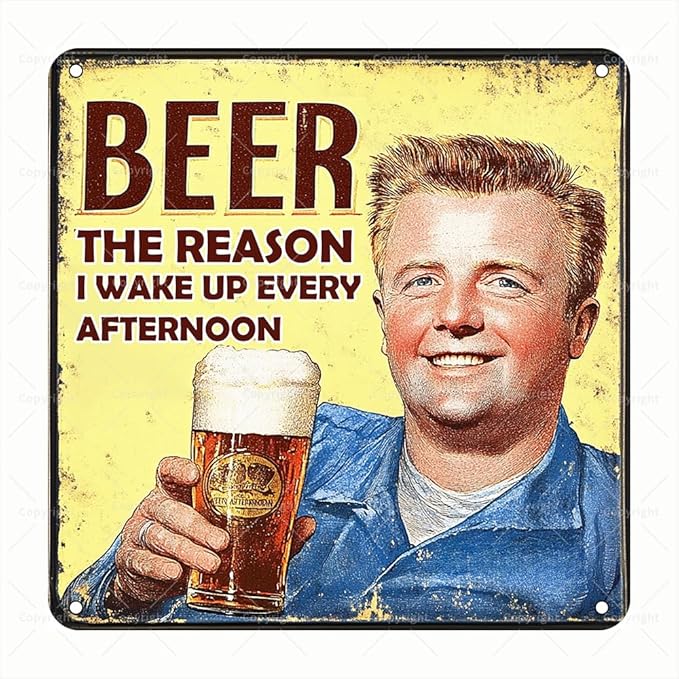 Vintage Square Tin Sign - "Beer: The Reason I Wake Up Every Afternoon" Funny Retro Metal Wall Art - Humorous Square Sign for Beer Lovers - Home Bar or Man Cave Decor - Great Gift for Beer Enthusiasts