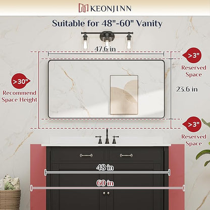 Keonjinn Black Bathroom Mirror for Over Sink, 48 x 24 Inch Large Rounded Rectangle Bathroom Vanity Mirror, Matte Black Sandblasted Finish, Tempered Glass Seamless Aluminum Alloy Frame Full Body Mirror