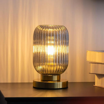Bedside Table Lamp with Glass Shade, Small Nightlight Lamp Elegant Gray Ribbed Glass Nightstand Lamp Modern Desk Lamp with Plug-in Style for Bedroom Living Room Tabletop Dia5.9 x H9.8