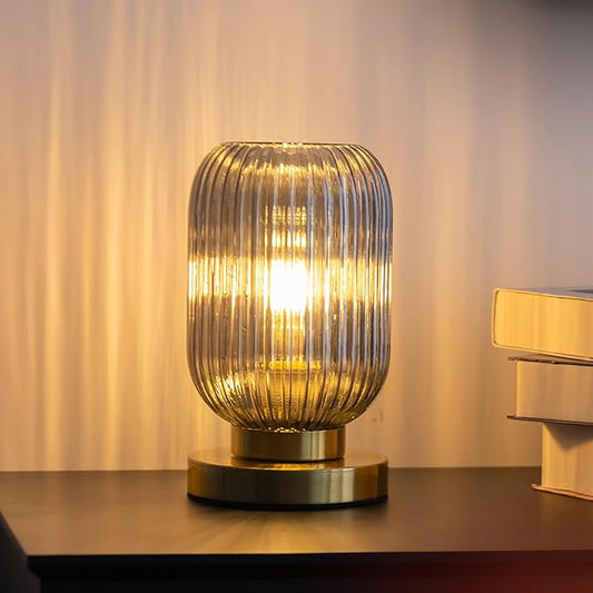 Bedside Table Lamp with Glass Shade, Small Nightlight Lamp Elegant Gray Ribbed Glass Nightstand Lamp Modern Desk Lamp with Plug-in Style for Bedroom Living Room Tabletop Dia5.9 x H9.8