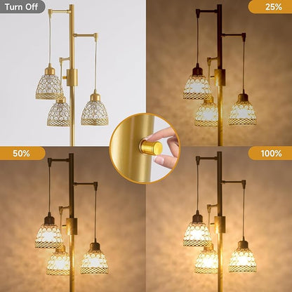 -Modern 3-Head Floor Lamp with Crystal Beads, Industrial Metal Standing Lamp Adjustable Hanging Light for Living Room-Gold