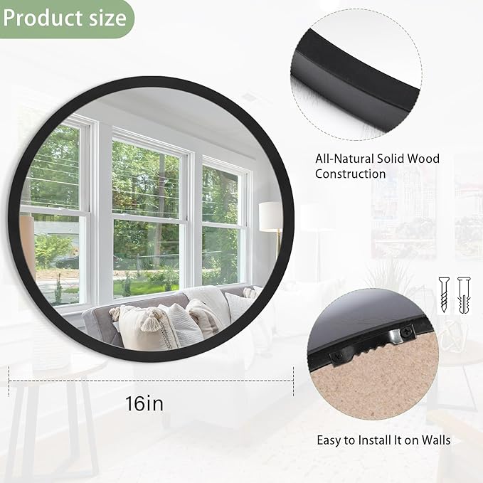 JJUUYOU Round Wall Mirror 16", Hanging Circle Mirror Round Black Mirror for Bathroom Wooden Farmhouse Frame Mirror for Bedroom, Living Room or Entryway Wall Decorative