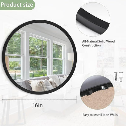 JJUUYOU Round Wall Mirror 16", Hanging Circle Mirror Round Black Mirror for Bathroom Wooden Farmhouse Frame Mirror for Bedroom, Living Room or Entryway Wall Decorative