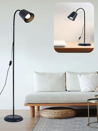 Floor Reading Lamp, Industrial Standing Lamps for Living Room with Adjustable Bendable, 2 in 1 Reading Table Lamps for Living Room Bedroom Office, 12W LED Bulb Included (Black Poles)