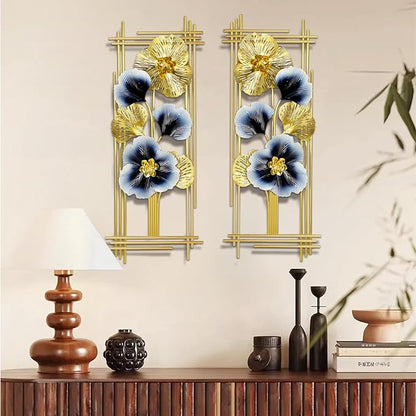 Metal Wall Art Decor 2 Pcs 34" x 15" 3D Wall Sculpture Handmade Golden Ginkgo Leaf Blue Flower Hanging Home Decor Wall Sculpture Modern for Living Room, Bedroom, Dining Room, Office and Hotel Large