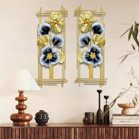 Metal Wall Art Decor 2 Pcs 34" x 15" 3D Wall Sculpture Handmade Golden Ginkgo Leaf Blue Flower Hanging Home Decor Wall Sculpture Modern for Living Room, Bedroom, Dining Room, Office and Hotel Large