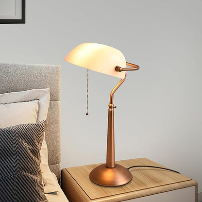 COSYLUX Tall Bankers Lamp, Vintage Sleek Glass Shade Table Lamp with Pull Switch, Antique Bronze Metal Bankers Desk Lamp for Office, Study Room, End Table, Bedside (White)