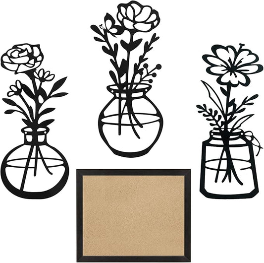 Lcaughsy Metal-Wall-Decor Living Room - 3 Pcs Metal Bathroom Wall Art Floral Vase and Picture Frame for Decoration- Hanging Display Wall Decor Art for Home Dining Room Bedroom Kitchen Farmhouse,Black