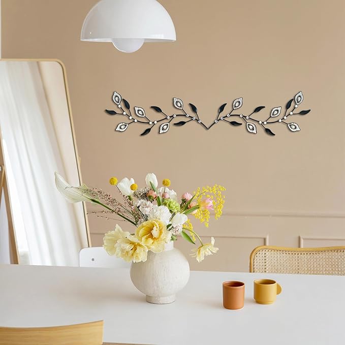 sxnzequnze 2 Sets Leaf Wall Art for Home Metal Bling Rhinestones Ready to Hang Tree Branch Leaves Olive Vine Wrought Iron Hanging Sculpture Pieces Wall Decor Pcs - 16.5in