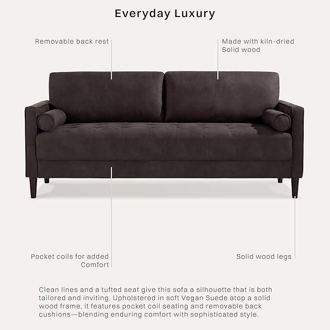 Studio Living® Lexington 75.6" Sofa, Modern Design, Pocket Coil Comfort, Easy Assembly, Faux-Suede Fabric, Charcoal